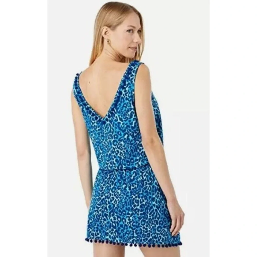 Lilly Pulitzer Gigi Romper Blue My Favorite Spot Leopard Print Pom Poms XXS $138